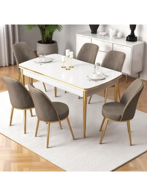 Nira Serisi 70X114 Mdf Açılabilir Beyaz Mutfak Masa Takımı 6 Cappucino Sandalye Gold Detay