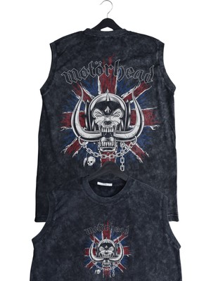 Unisex Rock Band Motörhead Sırt Baskılı Yıkamalı Bisiklet Yaka Kolsuz Retro Tişört