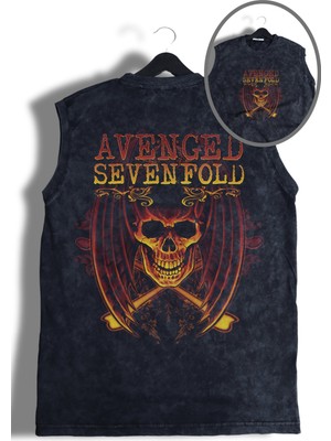 Rock Band Avenged Sevenfold Sırt Baskılı Yıkamalı Bisiklet Yaka Kolsuz Tişört