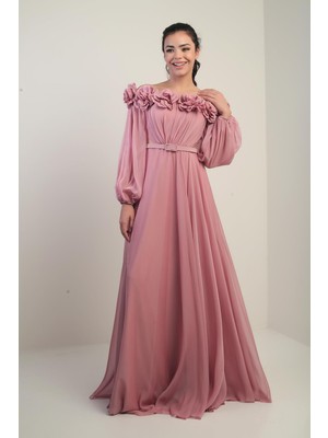 Kadın Çiçekli Madonna Yaka Kemerli Astarlı Şifon Uzun Elbise