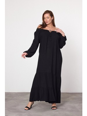 Kadın Siyah Madonna Yaka Kolu Lastikli Uzun Viskon Elbise HZL25S-VM10331