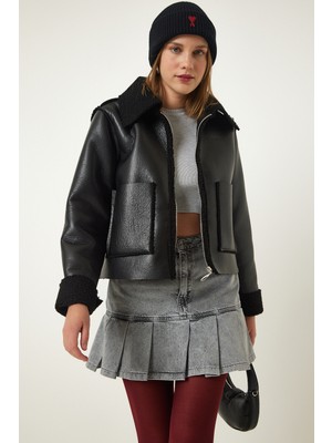 Kürk Yaka Geniş Cepli Suni Deri Ceket LTP0011 SİYAH