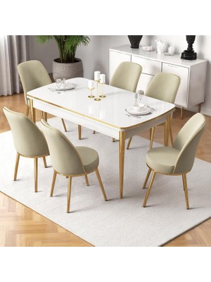Nira Serisi 70X114 Mdf Beyaz Mutfak Masa Takımı 6 Krem Sandalye Gold Detay