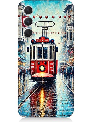 Teknomeg Samsung Galaxy S23 Fe Uyumlu Yağmurlu Sokakta Kırmızı Tramvay  Desenli Silikon Kılıf