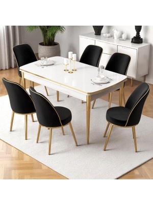 Nira Serisi 70X114 Mdf Açılabilir Beyaz Mutfak Masa Takımı 6 Siyah Sandalye Gold Detay