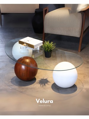 Modern Orta Sehpa & Top Sehpa Cam Sehpa & Küre Orta Sehpa - 2 Beyaz Top & 1 Ceviz Top - Fasulye - Şeffaf Cam