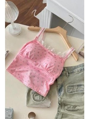 Pembe Çiçek Desenli Gloplu Dantel Detaylı Y2K Askılı Crop