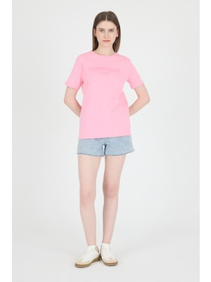 Şeker Pembe Kabartma Yazılı Relaxed Fit Tişört 25209