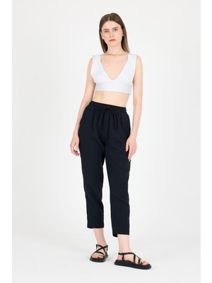 Siyah Müslin %100 Pamuk Beli Lastikli Pantolon 8055A