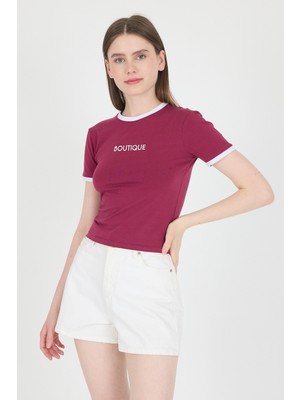 Bordo Yazı Baskılı Biyeli Pamuklu Slim Fit Tişört 9192M