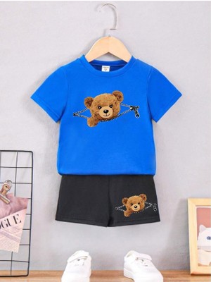 Calp Teks Fermuar Ayı Basklı Şort/t-Shirt Alt-Üst Yazlık Çocuk Takım