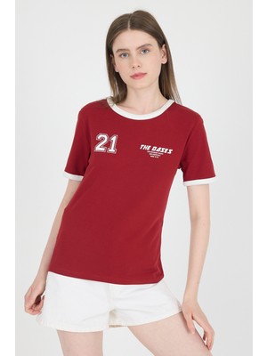 Bordo Ribanalı Yazı Baskılı Slim Fit Tişört 5981