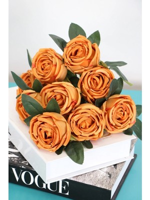 Yapay Çiçek 9lu Kat Kat Lodos Gül Demeti 42 cm Kahve-Turuncu