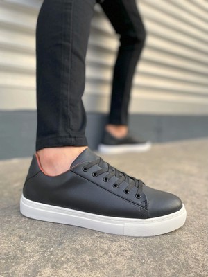 JY122 Mode Bağcıklı Cilt Erkek Günlük Sneaker Ayakkabı Cbt - Siyah