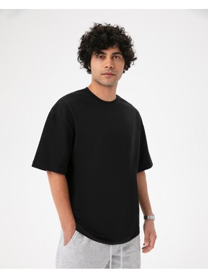 Ayma Active Erkek Siyah Oversize T-Shirt - Organik Pamuk, Düşük Omuz, Geniş Kalıp, Bisiklet Yaka, Spor Görünüm