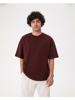 Ayma Active Erkek Bordo Kahverengi  Oversize T-Shirt - Organik Pamuk, Düşük Omuz, Geniş Kalıp, Bisiklet Yaka, Spor Görünüm