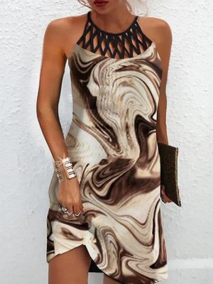 Kadın Sıfır Kol Soğuk Omuz Yaka Baskılı Süprem Elbise