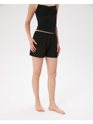 Ayma Active Kadın Siyah Büzgülü Pijama Boxer - EcoVero™ Viskoz, Mini Boy, Büzgülü Bel, Ön Düğmeli, Evde Rahat ve Esnek Pijama Boxer