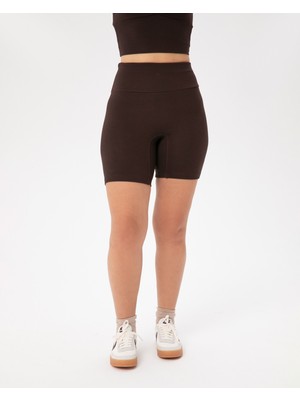 Ayma Active Kadın Kahverengi Viskoz Şort - EcoVero Viskoz Yüksek Bel, Önü Dikişsiz, Çift Kat Kumaş, Yoga Pilates Biker Şort