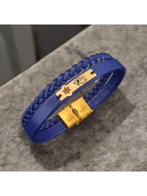 Archin Horus Gözü Temalı 14 Ayar Altın Plakalı Doğal Lacivert Derili Kar Tanesi Motifli Bileklik-435SEMBOL