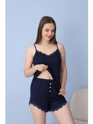 Pijamoni Dublin Kumaş Dantel Detaylı Askılı Lacivert Kadın Şort Takımı - 5350