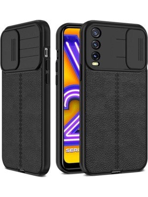 Fibaks Vivo Y11S/Y20/Y20S Kılıf Sürgülü Slide Kamera Korumalı Deri Görünümlü Leke Tutmaz Lüks Silikon