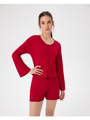 Ayma Active Kadın Kırmızı Volanlı Pijama Üstü - EcoVero™ Viskoz, Düğmeli, Geniş Yaka, Half-Crop, Manşet ve Etek Volanlı