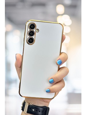 Fibaks Samsung Galaxy A34 Kılıf Parlak Kenarlı Altın Işlemeli Kamera Korumalı Bark Kapak