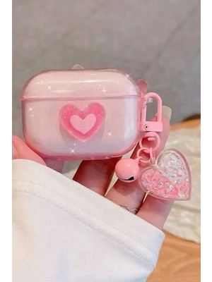 Fibaks Apple AirPods 4. Nesil 2024 Uyumlu 3D Simli Pembe Kalpli Kopçalı Kulaklık Kılıfı