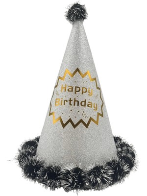 Dodomar 40 cm Baş Çevresi – 25 cm Simli Gümüş Ponponlu Happy Birthday Doğum Günü Şapkası