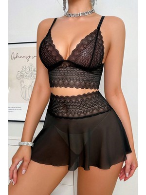 Kadın Siyah Dantel ve Tül Detaylı Etekli Şık Gecelik Takımı