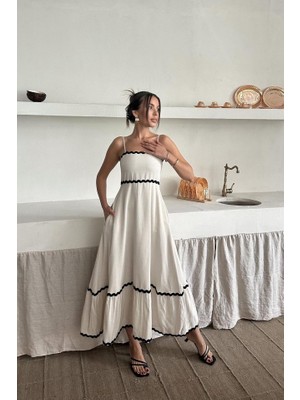 Bej Şerit Detay Keten Elbise