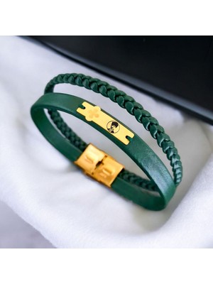 Archin Atatürk Temalı Çiçek Motifli 14 Ayar Altın Plakalı Yeşil Derili Hediye Bileklik-436SEMBOL