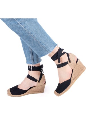 Gerçek Elişi Arkası Açık Geniş Ipli Burnu Hasırlı Dolgu Topuk Keten Kadın Espadril Handmade