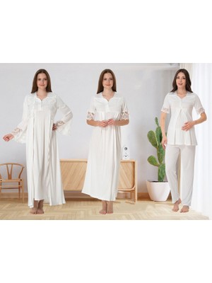 Dvina Effortt Lohusa 4'lü Set - Sabahlık/pijama Takımı/gecelik Ekru - 9016