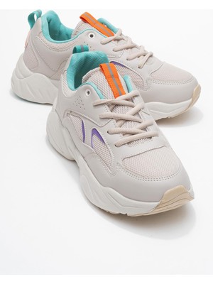 Bağcılklı Kadın Spor Ayakkabı Bej Turkuaz