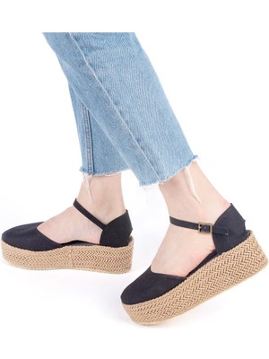 Gerçek Elişi Platformlu Poli Taban Espadril Dolgu Topuk Keten Espadril Handmade