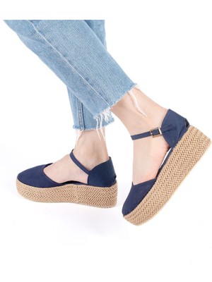 Gerçek Elişi Platformlu Poli Taban Espadril Dolgu Topuk Keten Espadril Handmade