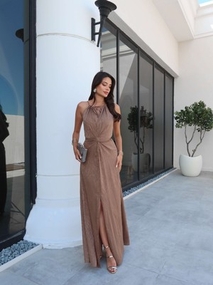 Vizon Bel Bağlamalı Yırtmaçlı Elbise