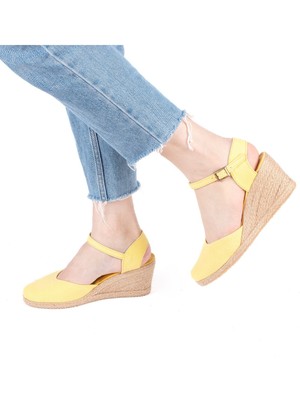 Gerçek Elişi Topuğu Açık Bilekten Bantlı Dolgu Topuk Keten Hasır Kadın Espadril Handmade