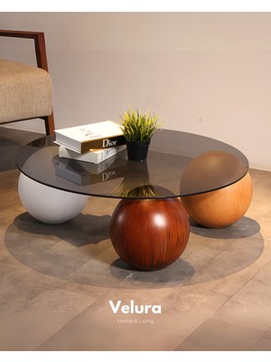 Modern Orta Sehpa & Top Sehpa Cam Sehpa & Küre Orta Sehpa - 1 Beyaz Top & 1 Ceviz Top & 1 Meşe Top - Yuvarlak - Füme Cam