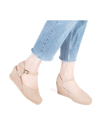 Gerçek Elişi Hasır Rengi Topuğu Açık Keten Espadril Dolgu Topuk Handmade