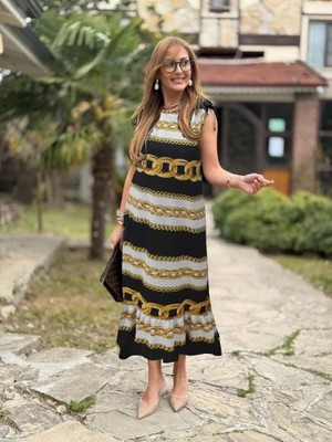 Defy Moda Kadın Omuzlardan Büzgülü Kayık Yaka Fırfırlı Janjan Krep Elbise