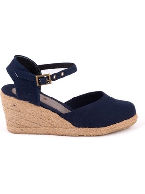 Gerçek Elişi Topuğu Açık Bilekten Bantlı Dolgu Topuk Keten Hasır Kadın Espadril Handmade