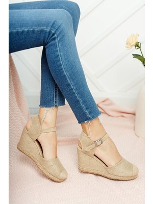 Gerçek Elişi Keten Hasır Espadril Burnu Hasırlı Arkası Açık Dolgu Topuk Handmade