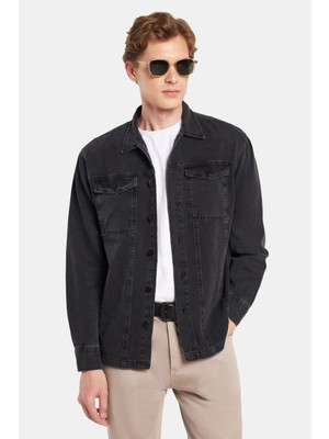 Tudors Erkek Relax Fit Rahat Kesim Denim Çıtçıtlı Uzun Kol Kot Ceket Siyah Gömlek
