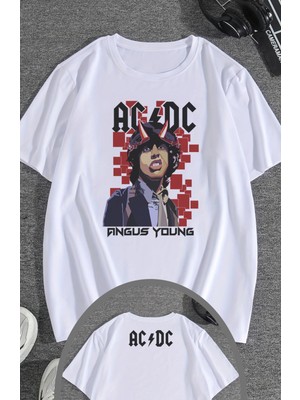 Fuddy Moda Unisex Ac Dc Angus Young Ense Baskılı Tişört, Oversize Rock Grubu Temalı T-Shirt