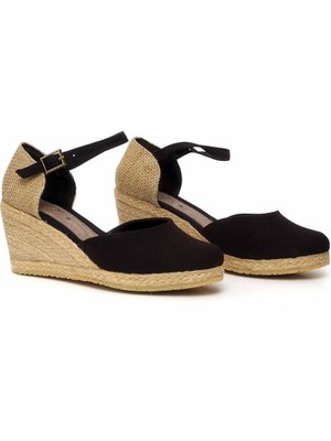 Dolgu Topuk Keten Ön Düz Arka Hasır Sandalet Siyah