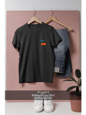 Oversize Vektör Cherry Kiraz Cep Tasarımlı Unisex T-Shirt