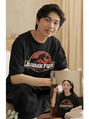 Fuddy Moda Unisex Jurassic Park Yazılı Tişört, Oversize Dinazor Film Temalı T-Shirt